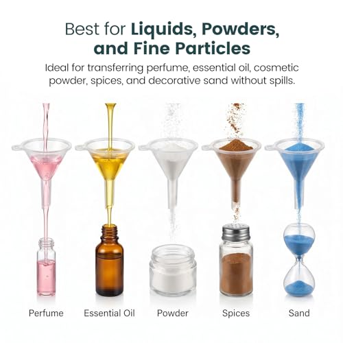JOHOUSE 50PCS Mini Funnel for Lab Bottles, Sand Art, Perfumes, Spices, Powder, Essential Oil, Recreational, Kitchen Use Food Grade Clear Plastic Small Funnels