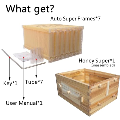 Auto Super Box for Beekeeping, 7-Frame Honey Super with Windows, Complete Bee Box Supplement with 7 Auto Super Frames, Key & Tubes