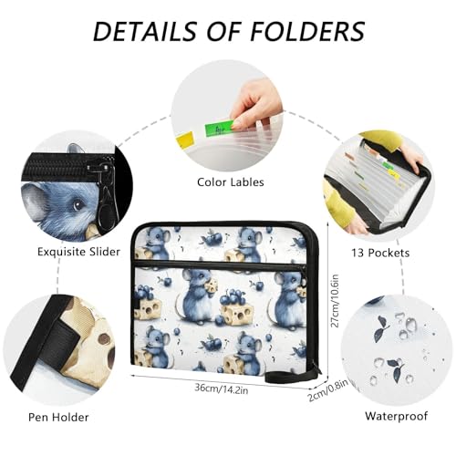 13 Pockets Expanding File Folder Cartoon Mouse Cheese Berry Accordion File Organizer A4 Letter Size Paper Document Storage Zipper Expandable Folders with Labels