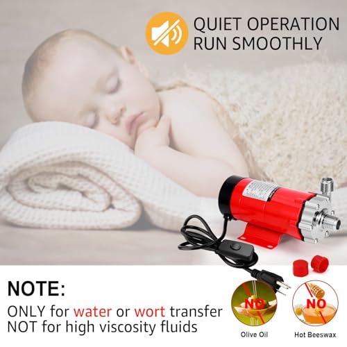 MRbrew Wort Pump With Switch Stainless Steel Magnetic Beer Pump Brewing for Wort Transfer, 1/2”NPT Thread Head 110V Quiet Operation Excellent High Temperature Resistance System for Homebrew - size: Red Pump (Switch)