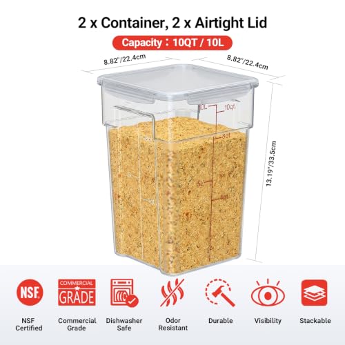 2 Pack 10 QT Commercial AIrtight Food Storage Containers, Clear Storage Containers with Recessed Handles, Clear, Stackable Containers with Gold Scale Markings for Flour, Rice, Sugar and Pet Food - size: 2 X 10.0(QT)