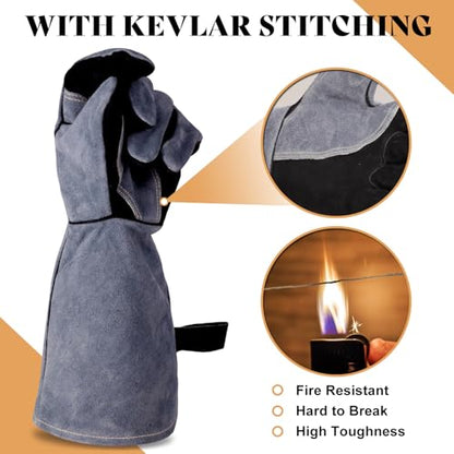Leather Welding Gloves, 16inch 932℉ Heat/Fire Resistant, Wood Stove Gloves, Large Mitts for BBQ,Grill,Tig/Mig (Grey, M) - color: Crey, size: Medium