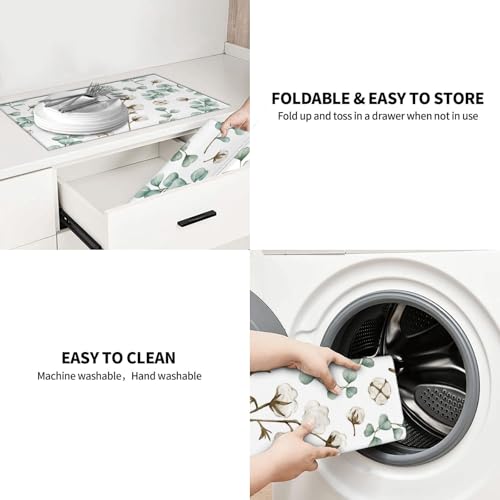 Green Plants Dish Drying Mat for Kitchen Counter Spring Summer Leaves Cotton Plant Microfiber Absorbent Dish Draining Reusable Washable Foldable Extra Large 18"x24" - color: Eucalyptus Leaves Cotton Plant