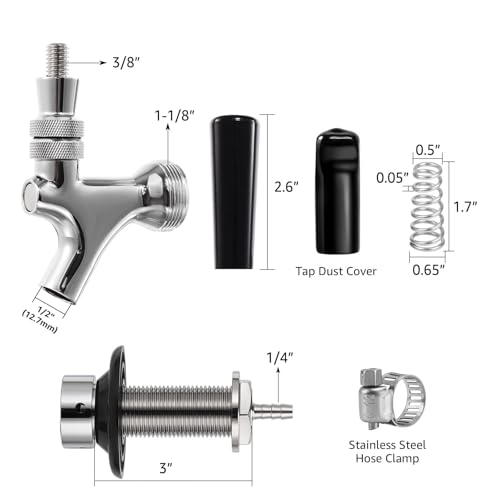 3" Shank Draft Beer Faucet Kit - Stainless Steel Core, Chrome Plated, Leak-Proof Beer Tap with 1/4" Barb for Keg Line Nipple Keg Faucet Shank for Homebrew Kegerator Tap Handle+ Cover - size: 3" Shank