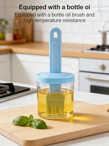 Silicone Pastry Brush with Oil Bottle, Clear Basting Dispenser Jar Set for BBQ Baking Cooking Kitchen, Sauce and Oil Brush Bottle (Blue)