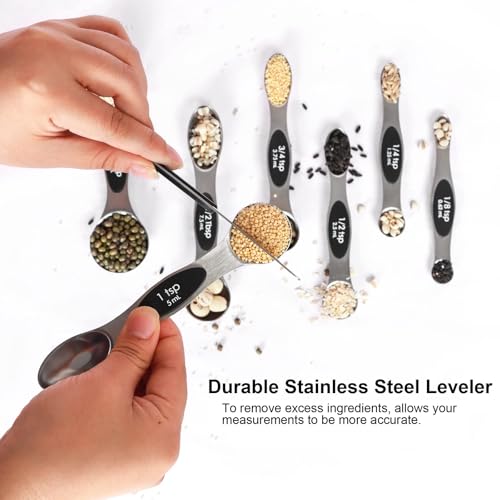 Magnetic Measuring Spoons Set Stainless Steel with Leveler, Stackable Metal Tablespoon Measure Spoon for Baking, Cups and Spoon Set Kitchen Gadgets Apartment Essentials Fits in Spice Jars - color: Silver