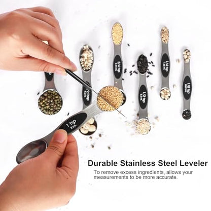 Magnetic Measuring Spoons Set Stainless Steel with Leveler, Stackable Metal Tablespoon Measure Spoon for Baking, Cups and Spoon Set Kitchen Gadgets Apartment Essentials Fits in Spice Jars - color: Silver