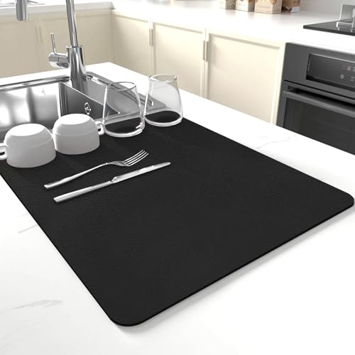 Dish Drying Mat for Kitchen Counter,Drying Mat for Dish Rack,Absorbent Hide Stain Rubber Mat,Coffee Mat, Kitchen Counter Mat (Black, 12"x19") - size: 12" x 19"