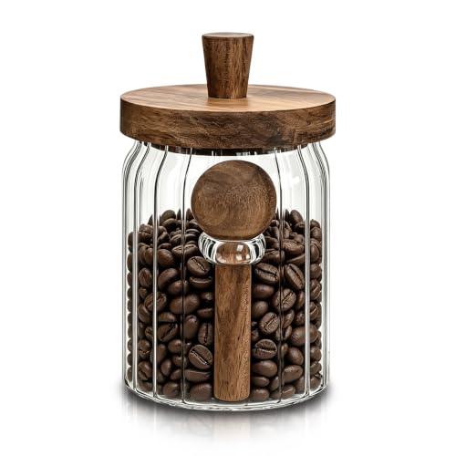 Glass Jar with Wooden Lid and Spoon, 20oz Coffee Container, Airtight Food Storage Container for Coffee Beans Cereal Nuts Salts Sugar Loose Leaf Tea Cookie Pasta