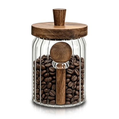 Glass Jar with Wooden Lid and Spoon, 20oz Coffee Container, Airtight Food Storage Container for Coffee Beans Cereal Nuts Salts Sugar Loose Leaf Tea Cookie Pasta