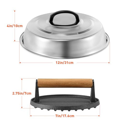 BBQ Accessories 12 Inch Round Stainless Steel Basting Cover - Cheese Melting Dome Round Cast Iron Grill Press Kit for Hamburger Bacon Steak, Best fits for Blackstone Camp Chef Flat Top Griddle Grill - color: Round Press