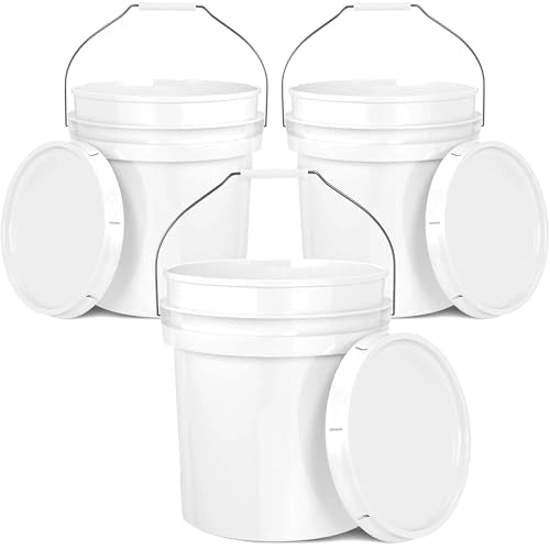 5-Gallon White Bucket Pail Container with Lid | Food Grade | Heavy-Duty Approx 90 MIL Extra Durable | Metal Handles with Plastic Grip | Multi-Use | Easy Stack and Store | BPA Free - 3 Pack - color: White - 5 Gallons, size: 3 Packs