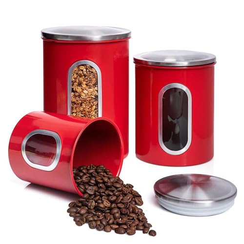 Mixpresso 3-Piece Red Canisters Sets For The Kitchen, Airtight Canister Set With See Through Window, Storage Jars for Coffee Container, Tea Organizer & Sugar Canister, Red Kitchen Canisters - color: Red