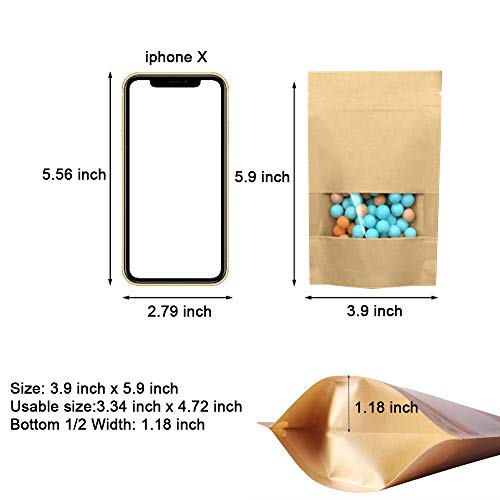100 Pcs Resealable Stand Up kraft Paper Bags with Window for Packaging Products, Reusable Zip Lock Food Storage Pouch Bags (3.9" x 5.9") - size: 3.9" x 5.9"