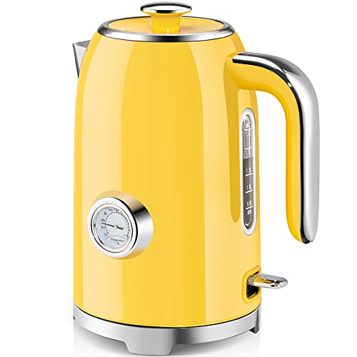 SUSTEAS Electric Kettle - 57oz Hot Tea Kettle Water Boiler with Thermometer, 1500W Fast Heating Stainless Steel Tea Pot, Cordless with LED Indicator, Auto Shut-Off & Boil Dry Protection, Retro Yellow - color: Retro Yellow