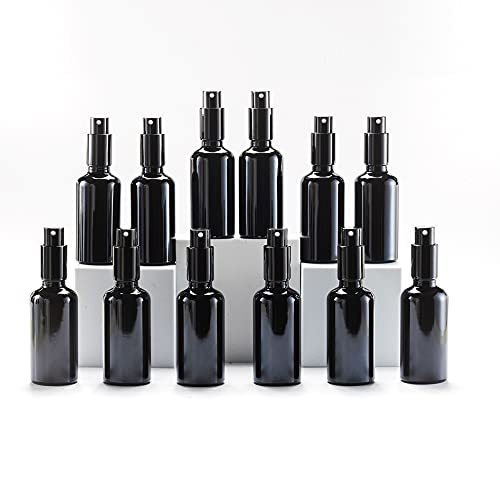 YIZHAO Black Glass Spray Bottles 2oz, with Small Fine Mist Spray, Metal Cap, Refillable for Essential Oil,Travel,Cleaning,Perfume,Aromatherapy,Makeup – 12 Pcs - color: Black, size: 50ml-12