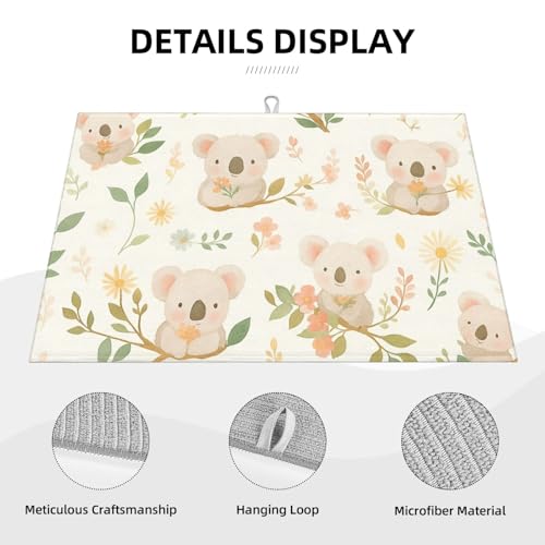 Cute Cartoon Koala on Blossom Branch Dish Drying Mat for Kitchen Counter Microfiber Absorbent Reusable Washable 18x24in - color: Cute Cartoon Koala On Blossom Branch