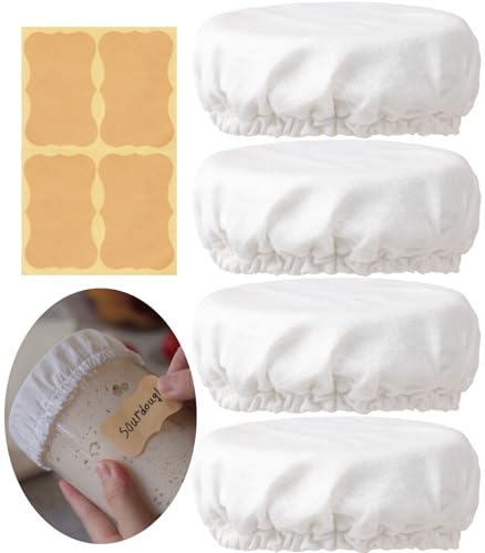 4 inch Sourdough Jar Cover, Wide Mouth Reusable Cloth Lid for Sour Dough Starter Jar, 4Pack Cotton Bread Fermentation Container Tops Elastic Fabric Caps for Weck Mason Kombucha Jars - style: White Cotton