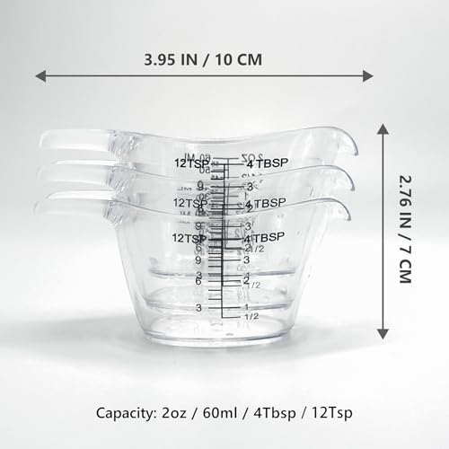 3 Pack 2 Ounce Measuring Cups, Food-Grade Plastic Small Measuring Cup for Hair Color, Hot Tub Chemicals & DIY Mixing, Mini Ounce Measure Cup with Easy-Read Markings