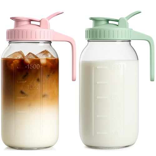 2 Pack - 64oz Glass Breast Milk Pitcher with Lid & Spout, Leakproof Mason Jar Breastmilk Pitcher - Wide Mouth, Airtight 2 Quart Water Jug for Milk Storage, Breastmilk, Sun Tea, Iced Coffee, Juice - color: Green & Pink, size: 64 Ounces