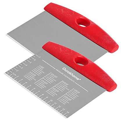 Ourokhome 2 Pack Bench Scraper Dough Cutter, Stainless Steel Dough Scraper with Laser-Etched Scale, Conversion Chart, Non-Slip Handle, Dishwasher Safe for Bread & Pastry, Red - color: Red