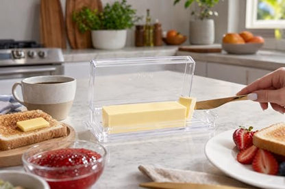 Pikanty Airtight Butter Dish with Hinged Lid - Large Plastic Butter Container for Countertop or Fridge, Fits East & West Coast Sticks, Dishwasher Safe, Made in USA - style: Butter Dish