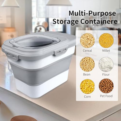 Komzon Rice Storage Container, Collapsible Airtight Food Storage Containers 6-20 Lbs, Rice Dispenser with Measuring Cup and Small Bin for Flour Cereal Pasta Grain, Cat Pet Dog Bird Food Container - color: Gray