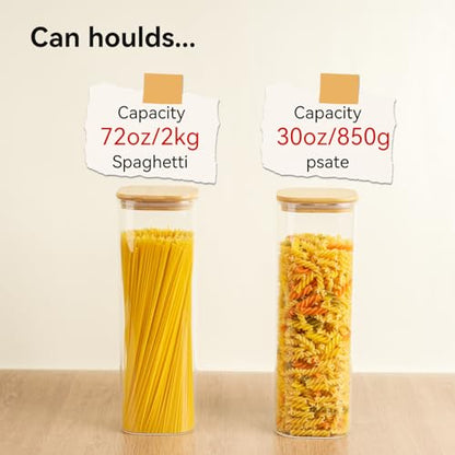 Glass Spaghetti Pasta Storage Container - 3 Pack 2.5 QT Airtight Food Storage Jar Set with Bamboo Lid Labels -Tall Square Kitchen Pantry Canister Organizers for Noodle Cookies Flour Cereal Coffee Bean - size: 82oz*3