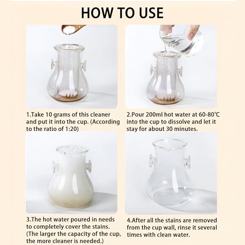 Food Grade Tea Stain & Coffee Scale Cleaner - Easy Cleaning Powder for Stainless Steel, Glass, Ceramic, Silicone - Removes Coffee, Tea Limescale with Hot Water Soak (120, Grams)