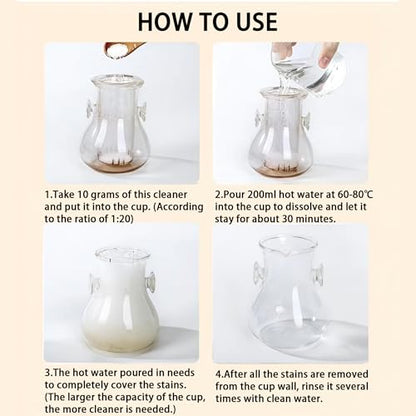 Food Grade Tea Stain & Coffee Scale Cleaner - Easy Cleaning Powder for Stainless Steel, Glass, Ceramic, Silicone - Removes Coffee, Tea Limescale with Hot Water Soak (120, Grams)