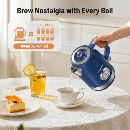 PARIS RHÔNE Retro Stainless Steel Electric Kettle, 1.7L Cordless Hot Water Tea Kettle with Thermometer, 1500W Fast Heating, LED Indicator, Auto Shut-Off & Boil Dry Protection