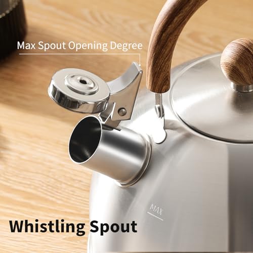 18/8 Stainless Steel Tea Kettle for Stovetop (3L / 3.17 Quart, Whistling Tea Pot, Wood Handle)-Silver - size: 3.2 Quarts