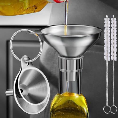 3-Piece Stainless Steel Funnel Set (Large, Medium, Small) with 2 Cleaning Brushes - Kitchen Liquid Transfer Tools for Oil, Sauce, Bottling