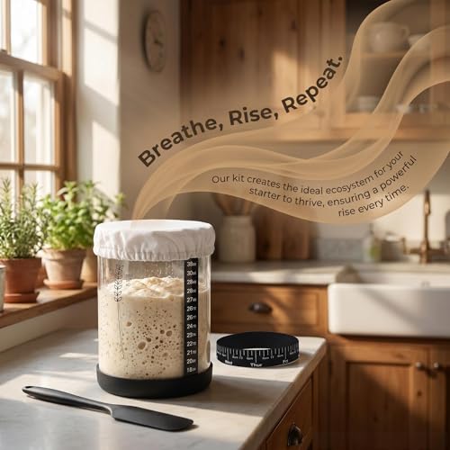 Sourdough Starter Jar Kit, 50 OZ Wide Mouth Sour Dough Starter Jar Glass | Jar for Sourdough Starter with Non-Slip Silicone Bottom,Date Marked Feeding Band,Thermometer Band,Cloth Cover & Bamboo Lid