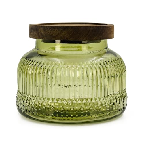Decorative Green Glass Jar with Airtight Wooden Lid 25.4 oz, Wide Mouth Vintage Kitchen Food Storage Container for Cookie Candy Honey Flour Spice Coffee Tea, Home Decor Sand Candle Holder Vase - size: 25.4 Ounces, style: Green Ribbed