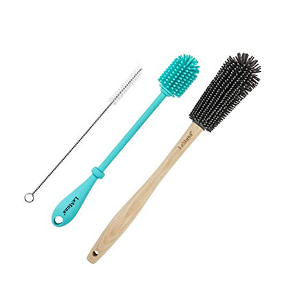 Silicone Bottle Brush Set with Wooden Handle - Silicone Brush & Straw Cleaner for Hydro Flask, Sports Bottle, Glassware