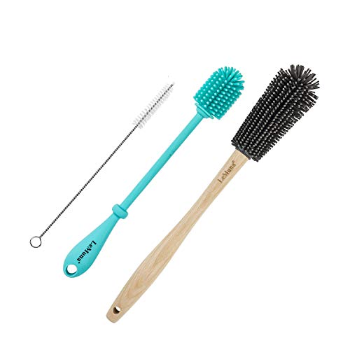 Silicone Bottle Brush Set with Wooden Handle - Silicone Brush & Straw Cleaner for Hydro Flask, Sports Bottle, Glassware
