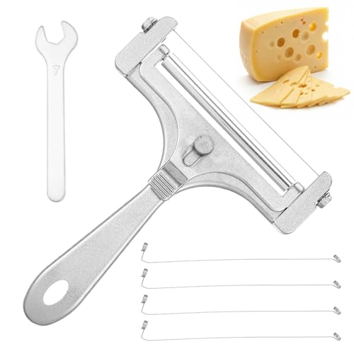 TIESOME Cheese Cutter, Stainless Steel Handheld Wire Cheese Slicer with 4 Extra Wires & Wrench Adjustable Butter Block Cutter Cheese Slicers for Block Cheese Mozzarella Cheddar Gruyere(Frosted)