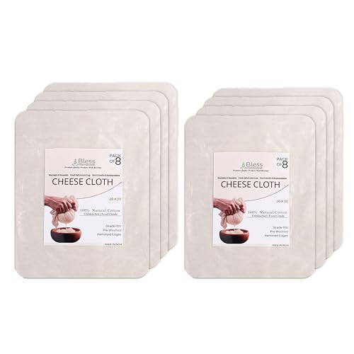 Bless International Premium Cotton Cheese Cloth Ultra Dense Butter Muslin For Straining Nut Milk Crafts & More 20x20 Inch 2 Hemmed Edges Grade 100 XL Unbleached & Reusable Off White - size: 20x20 Inch (8 Pieces)