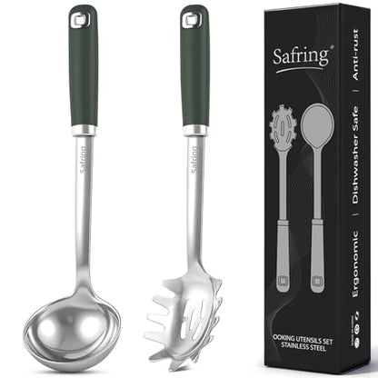 Safring Stainless Steel Soup Ladle and Spaghetti Spoon Set, Heat Resistant Rubber Handle, Dishwasher Safe, Kitchen Utensils for Cooking, Stirring, Serving Pasta, Soup & Sauce (Hunter Green) - color: Hunter Green