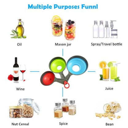 Set of 3 Silicone Funnels for Wide and Regular Jars, Kitchen Funnels for Transferring Jams, Juices, Spices and Oils