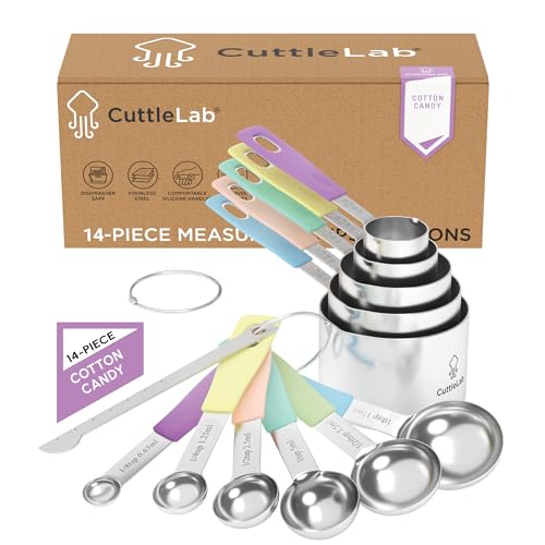 CuttleLab Measuring Cups and Measuring Spoons Set of 14 - Stainless Steel Measuring Cups and Spoons Set, Includes 1/8 Teaspoon Measuring Spoon, 1/8 Cup Measuring Cup, Leveler Dry (14,Cotton Candy) - color: Cotton Candy
