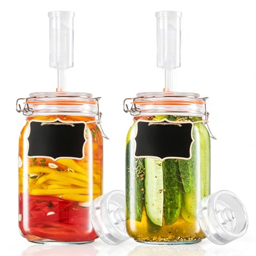 1.5 Liter Fermentation Jars with Airlocks & Lids, Glass Fermenting Kit with 2 Wooden Sticks, Fermentation Kit for Pickles, Mead, Cider and More, 2 Pcs