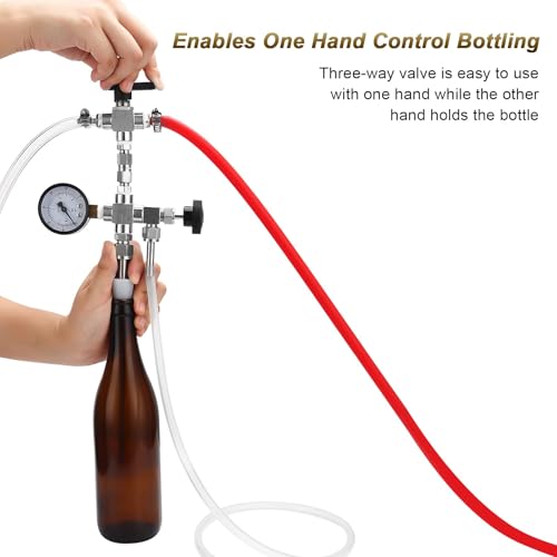 Counter Pressure Bottle Filler Stainless Steel Bottle Filler Counter Pressure Beer Bottling Wand 60psi CO2 Gauge 1/4 & 5/16 Barb Homebrew Beer Bottle Filler Hand Held Bottle Filler 3ft Hose - size: WITH gauge