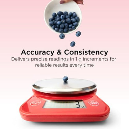Kitchen Mama Q-Series Digital Food Scale, Red | 13.2 lb / 6000g Capacity, 1g Precision, Tare Function, Stainless Steel Platform, LCD Display - color: Red