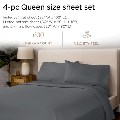 Threadmill 100% Cotton Sheets for Queen Size Bed - 600 Thread Count Queen Bed Sheets Set with 16” Deep Pocket - Sateen Weave 4-Piece Bedding Set with Cooling Effect, Dark Grey - color: Dark Grey Solid, size: Queen