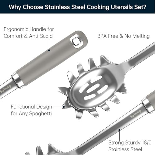 Safring Stainless Steel Soup Ladle and Spaghetti Spoon Set, Heat Resistant Rubber Handle, Dishwasher Safe, Kitchen Utensils for Cooking, Stirring, Serving Pasta, Soup & Sauce (Gray) - color: Gray
