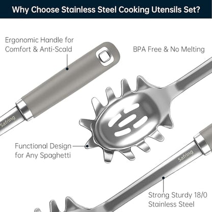 Safring Stainless Steel Soup Ladle and Spaghetti Spoon Set, Heat Resistant Rubber Handle, Dishwasher Safe, Kitchen Utensils for Cooking, Stirring, Serving Pasta, Soup & Sauce (Gray) - color: Gray