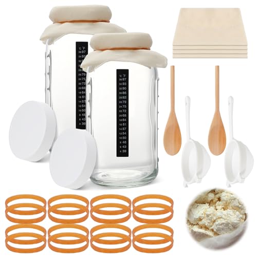 Honeydak 16 Pcs Complete Kefir Starter Kit Kombucha Fermenter Kit Gallon 64oz Mason Jar Wide Mouth with Plastic Storage Lid Nylon Mesh Strainer Cotton Cloth Cover and Wood Spoon - color: Regular, size: 64 oz