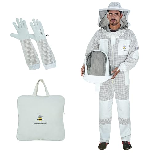 3-Layer Ultra Ventilated Mesh Beekeeping Suit for Men & Women with Veil Sting-Proof Bee Suit with Leather Gloves & Bag - color: White, size: X-Large